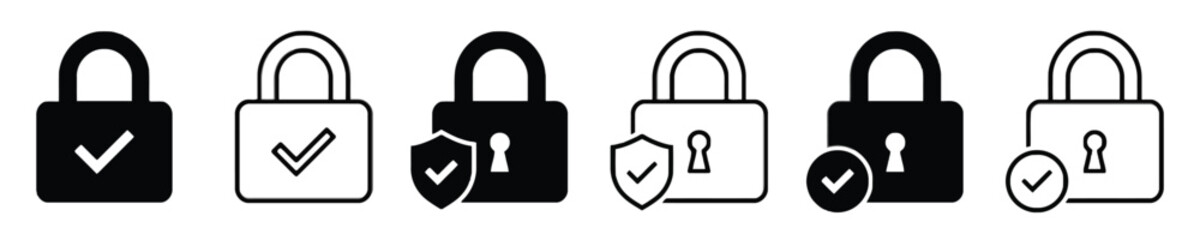 Black and white security lock icons with check marks and shields