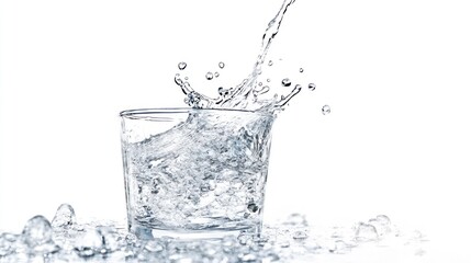 Clear glass of water with splashing water and ice