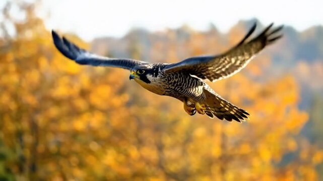 Majestic peregrine falcon soars through the air with autumn foliage in the background.