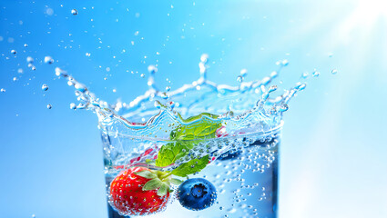 A fresh strawberry and blueberry create a refreshing splash in clear water.