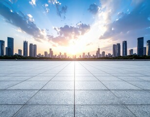 Obraz premium Modern City Skyline at Sunset with Clear Sky and Plaza Perspective