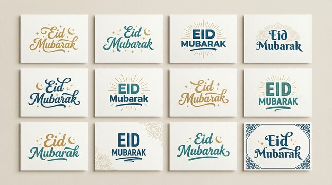 Festive &ldquo;Eid Mubarak&rdquo; typography in diverse styles&mdash;Arabic and English scripts, crescent moons, stars, decorative fonts, colorful celebratory designs, cultural heritage, joyful greetings, spiritual amb