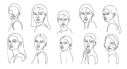 Set of Modern Minimalist Continuous Line Art Female Faces Vector Illustration isolated PNG with Transparent Background