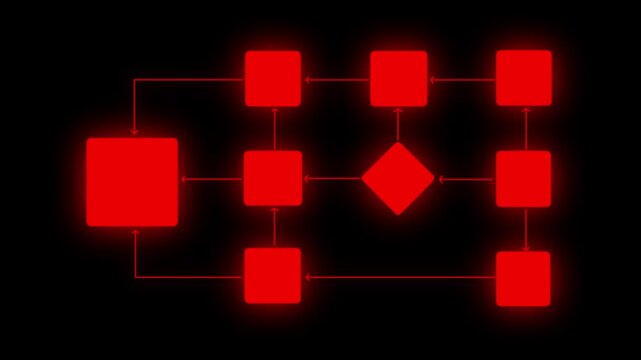 Flowchart Diagram on Black Background &ndash; Glowing Process Workflow Concept Diagram Abstract Tech Modern Interface UI Design Element Project Management Planning Concept.