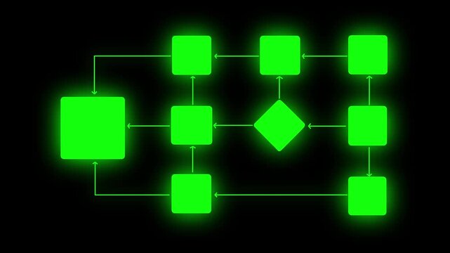 Flowchart Diagram on Black Background &ndash; Glowing Process Workflow Concept Diagram Abstract Tech Modern Interface UI Design Element Project Management Planning Concept.