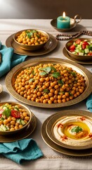 Obraz premium Middle Eastern chickpea dishes on wooden table.