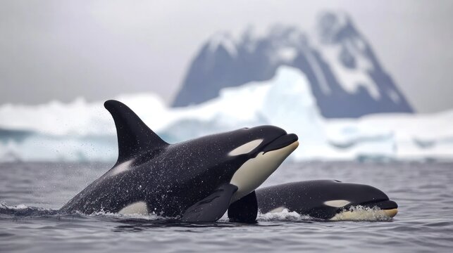 Two orcas in a frigid sea, iceberg backdrop