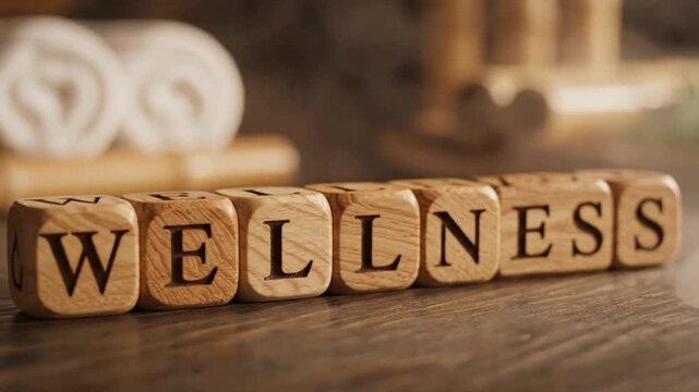 Wooden blocks spelling out 'WELLNESS' on a dark wooden surface with blurred spa towels in the background, symbolizing health and relaxation.