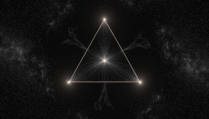 Glowing triangle with radiant light and particles in space
