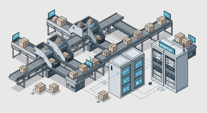 Automated assembly line with conveyor belts and computer servers in a modern factory setting