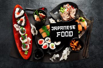 Various types of sushi including nigiri and rolls. Asian food concept. © bit24