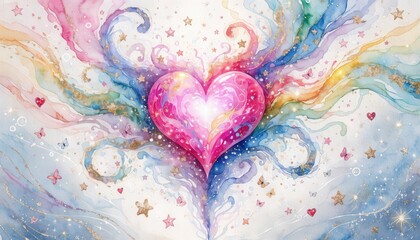 Vibrant heart surrounded by colorful swirling patterns and stars