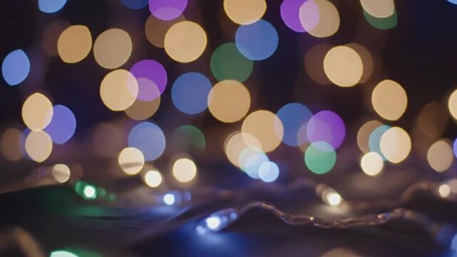 Vibrant and colorful bokeh lights creating a festive and dreamy atmosphere with illuminated string lights on a dark surface.