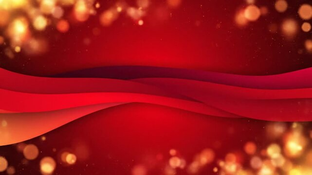 Festive red background with abstract flowing ribbons and sparkling golden bokeh lights for holiday greetings