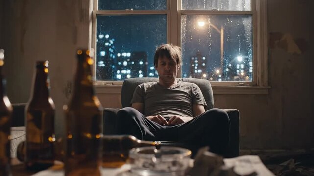 Depressed Man Awakes in a Dimly Lit Room with Empty Beer Bottles and Overcast Night Sky in Window
