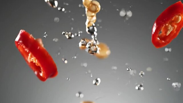 A vibrant red tomato slice suspended in mid-air with seeds falling from it.