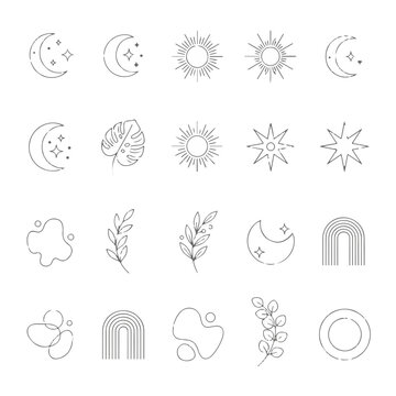 Set of Minimalist Line Art Celestial, Botanical, and Abstract Icons Vector Illustration isolated PNG with Transparent Background