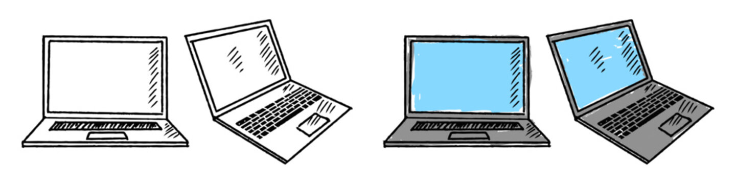 Set editable sketch drawing laptop vector for creative agencies and tech startups. Ideal for symbolizing brainstorming, digital design processes, and tech innovation.