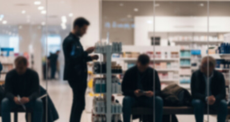 Fototapeta premium Blurred Modern Departmental Store Interior Seen with People Through Glass Wall 