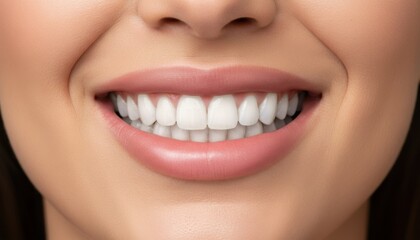 Fototapeta premium Extreme closeup of a young woman smiling widely showing perfect white straight teeth and pink lips
