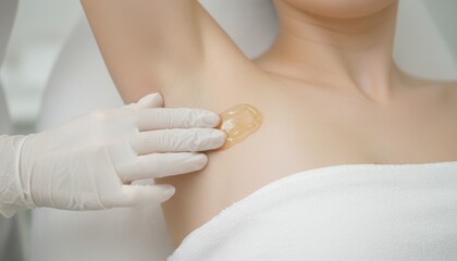 Naklejka premium Esthetician applying warm sugar wax paste to woman's smooth underarm skin during depilation procedure.