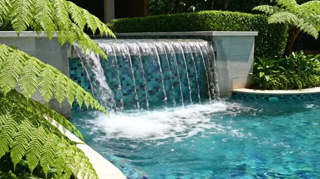 Tranquil outdoor swimming pool with a natural cascading waterfall and lush green foliage on a sunny day