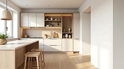 Modern Kitchen Interior with Wooden Accents and Natural Light.