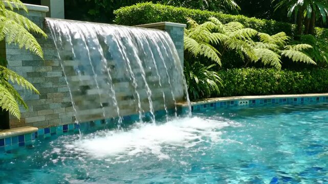 Tranquil Swimming Pool with Cascading Water Feature and Lush Greenery on a Sunny Day