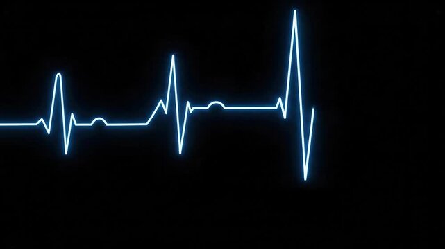 Blue Neon Heartbeat ECG Line on Black Background, Medical Health Concept