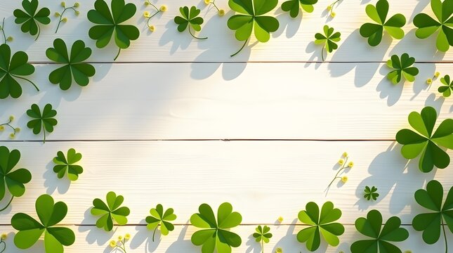 Fresh green shamrock clover frame on white wood background