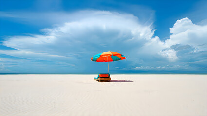 A vibrant beach umbrella stands alone on a vast expanse of pristine white sand.