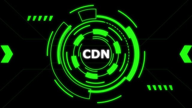 Green CDN technology circle with neon digital network glow on black background.