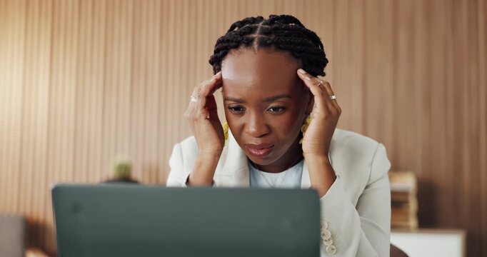 Business, black woman and headache with laptop in office for stress, proofreading and submission fail. Person, migraine and reading with pc for brain fog, copywriting mistake and publication pressure