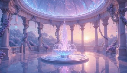 Majestic fantasy fountain in elegant pavilion with floral columns at sunset