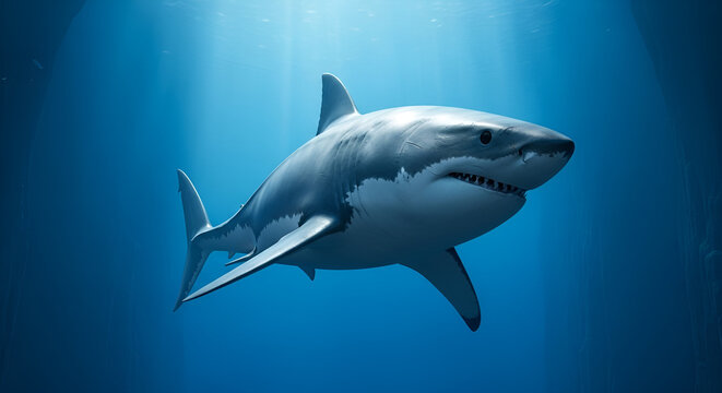 Majestic grand requin blanc swimming in deep blue ocean water