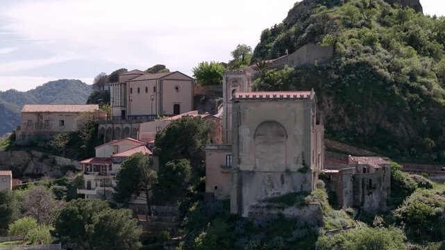 Aerial Panorama of Church of San Nicolo Savoca Sicily Italian Mountain Architecture