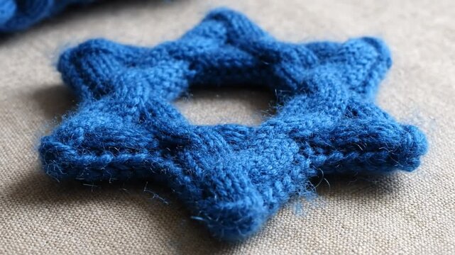Close up view of a blue hand-knitted six-pointed star, traditional Jewish symbol, resting on a textured surface