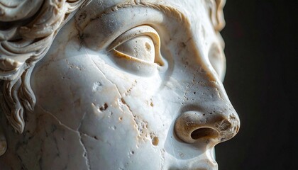 Close-up of a marble statue of a woman's face with intricate details.