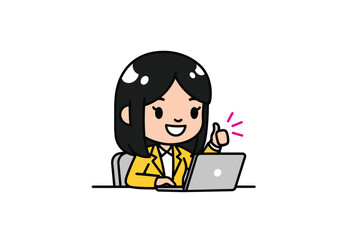 Happy business woman gives thumbs up with laptop at desk