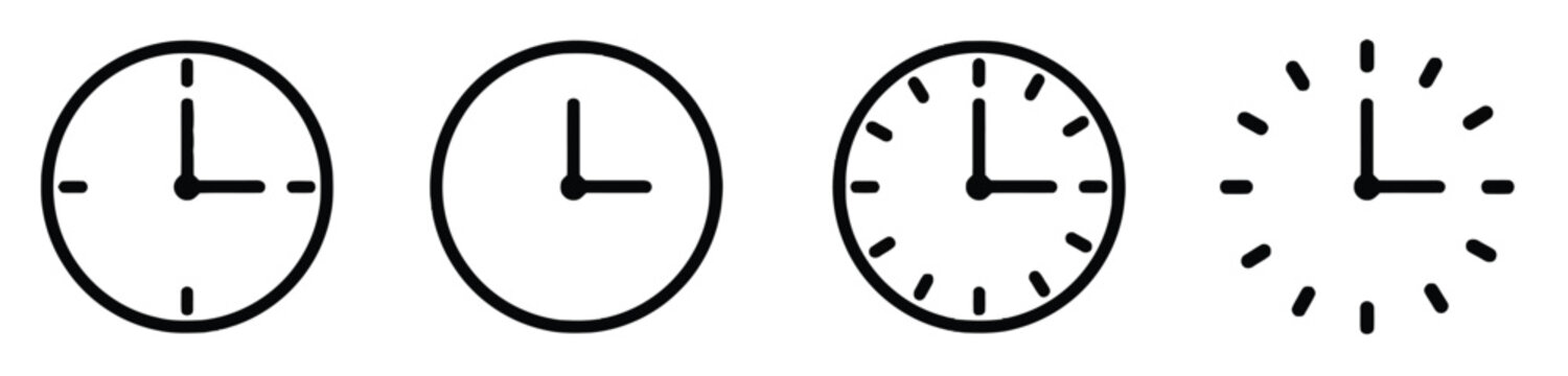 Clock face icons showing different times and styles for timekeeping and scheduling