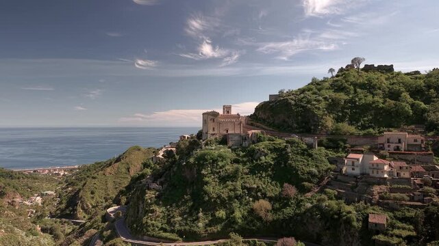 Aerial Reveal of San Nicolo Church with Ionian Sea Background Savoca Sicily Italy