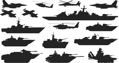 Military vehicles and aircraft silhouettes set, fighter jets, helicopters, warships, tanks, armored transport, army navy air force black vector collection © MstMuktarinaAkter