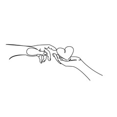 One continuous single drawing line art flat doodle heart, hand, love, two, concept, people, valentine, romantic. Isolated image hand draw contour on a white background
