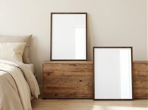 Two Bedroom Blank Frame Mockup. Bedside Poster Template. Minimal Wooden Art Display Background.
