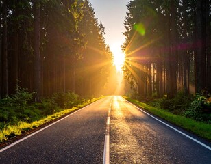 Obraz premium A serene road through a forest with sunlight