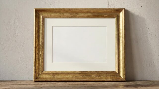 Empty golden picture frame on textured background.