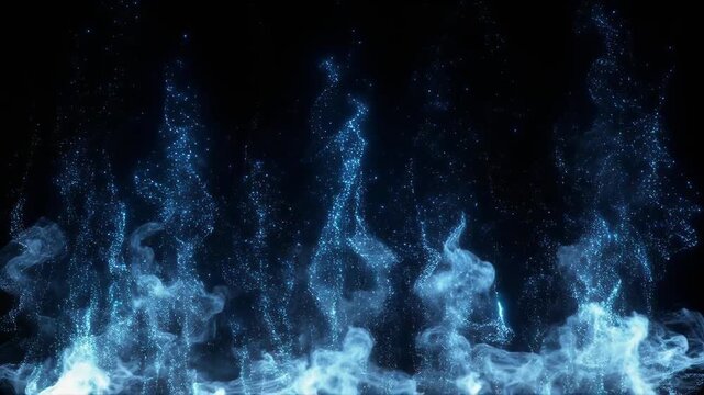 Abstract blue particles and ethereal smoke ascend in a dynamic, glowing display, forming intricate patterns against a dark background, symbolizing energy or digital flow.