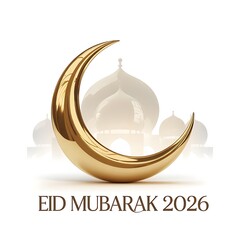 Golden crescent moon with eid mubarak 2026 typography and mosque silhouette on white background
