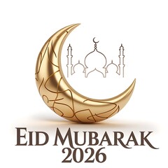 Decorative gold textured crescent moon with mosque line art and eid mubarak 2026 on white background
