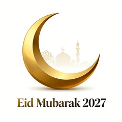 Modern golden crescent moon design with eid mubarak 2027 typography and mosque on white background